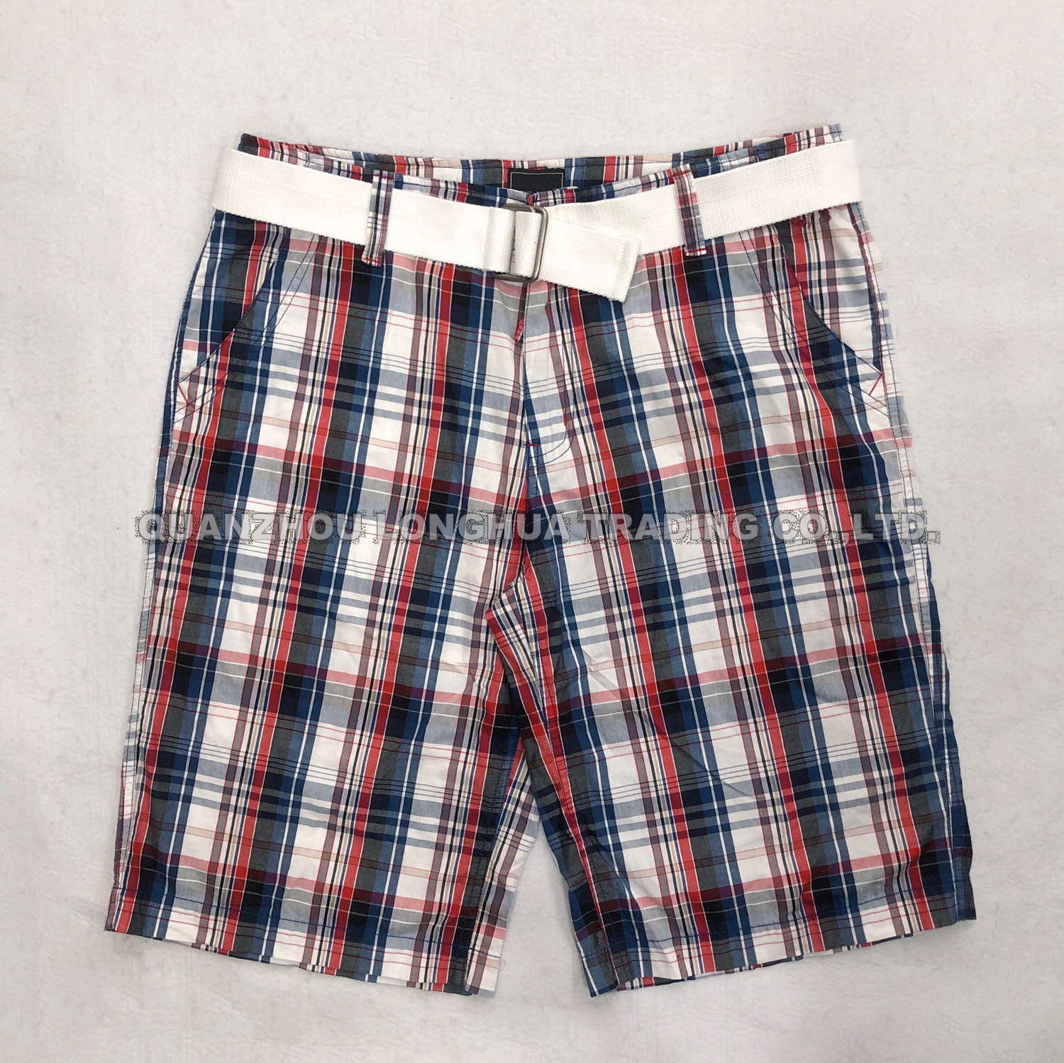 Men′s Boy′s Pants Cargo Shorts Apparel Trousers Plaid Printing Cotton Enzym Wash with Belt and Inner Waist Cord
