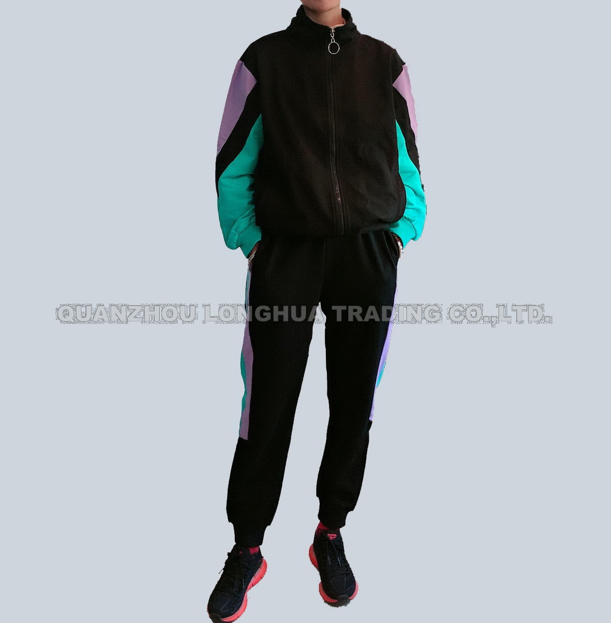 Women Lady′s Knitwear Jacket Sportwear Black Joggers Pants Interlock Tracksuit Fashion Clothes Sport Casual Clothing