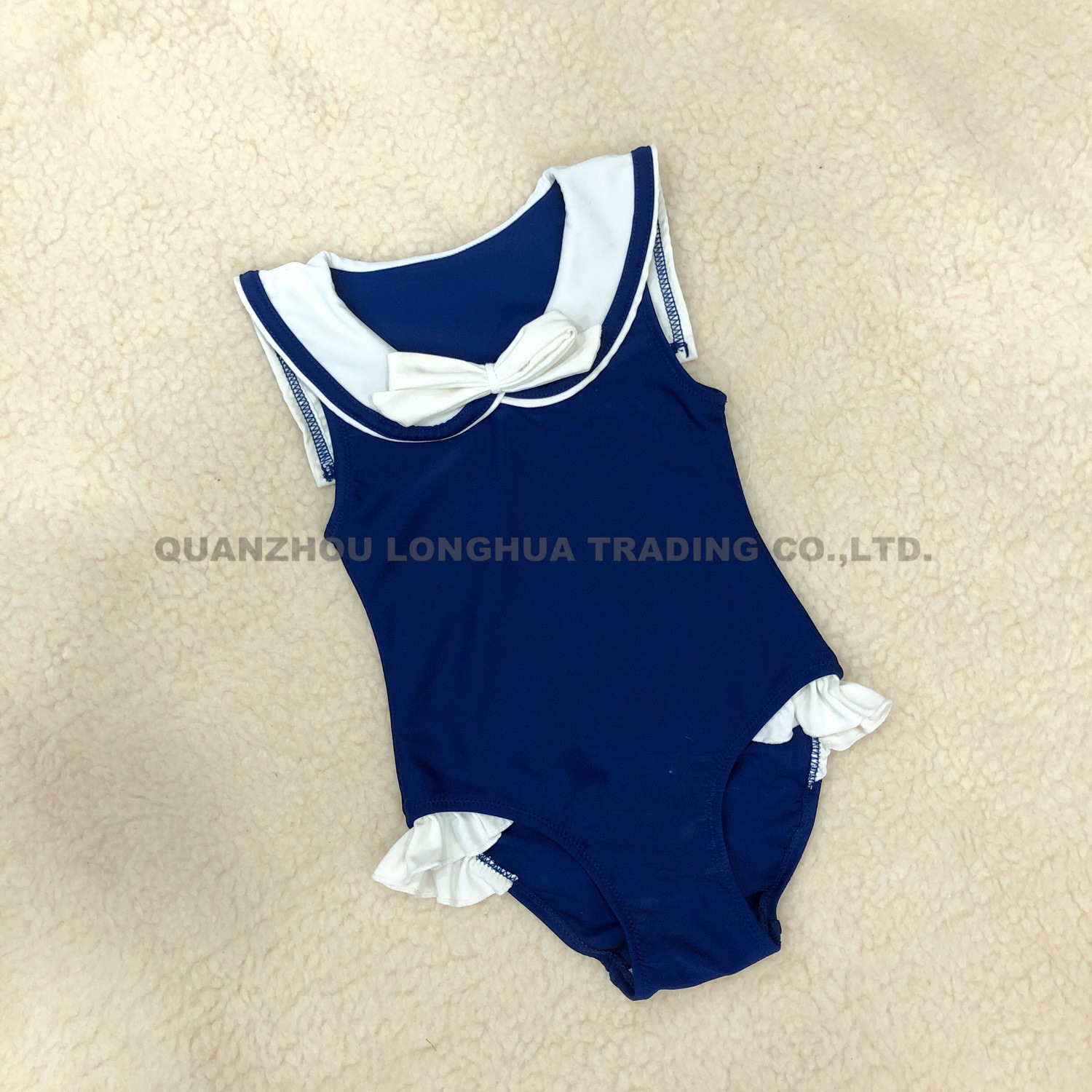 Kids Girls One Piece Swimwear Ruffle Trims Marin Swimsuit Bodysuit with Bow