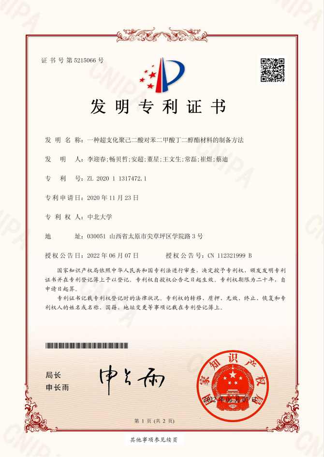 Material preparation method patent certificate Material preparation method patent certificate