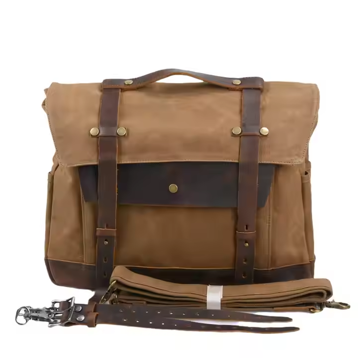 Vintage Motorcycle Bag With Wax Canvas Featuring Waterproof Design Ideal for Riders Helmets Side Pockets and Rear Mounting