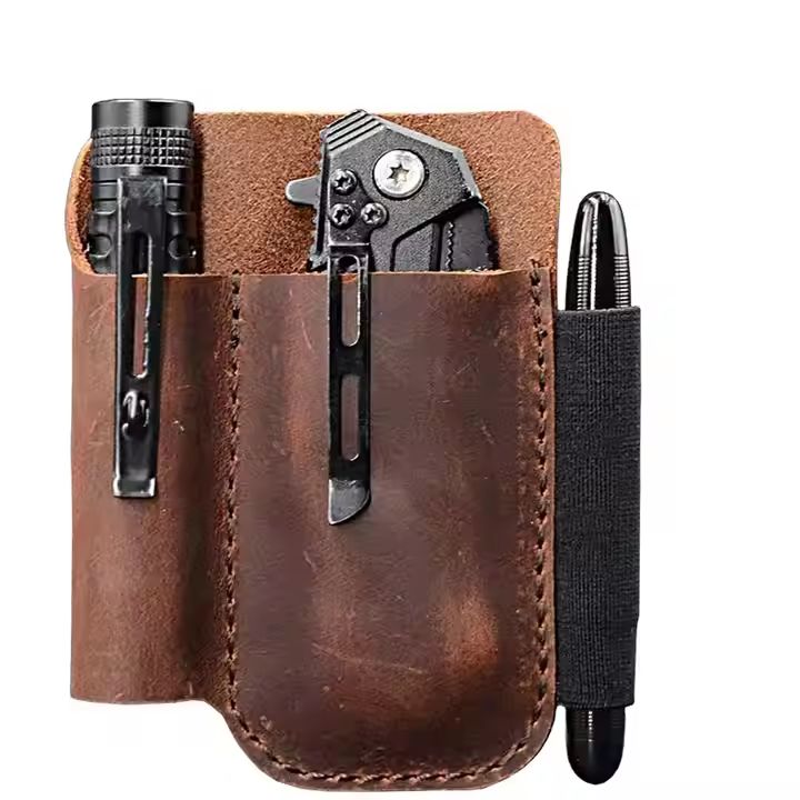 Handmade Leather Sheath Folding Knife Tactical Pen Organizer Pocket Holder for Edc Tools Durable Tools Pouch Genuine Leather