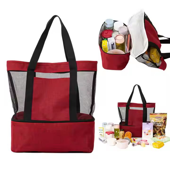 Summer Mesh Detachable Lunch Fruit Insulated Cooler Bag Beach Tote