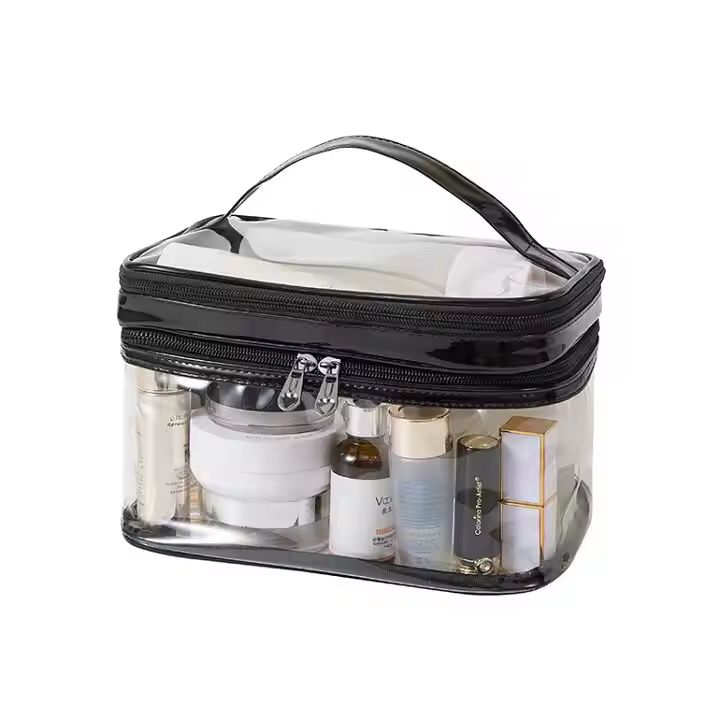 Portable 2 Layers Large Capacity Clear Zipper Travel Cosmetic Storage Makeup Case Pvc Makeup Bag