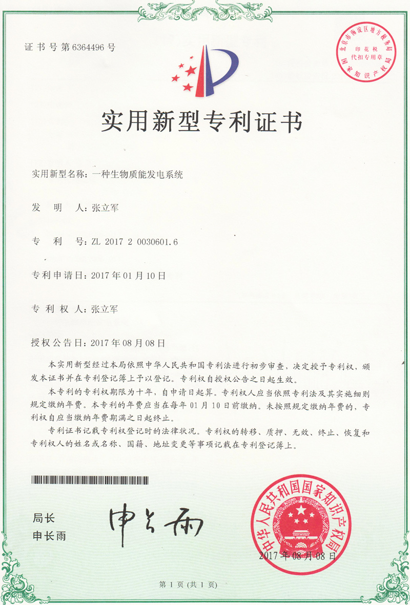 一种生物质能发电系统专利