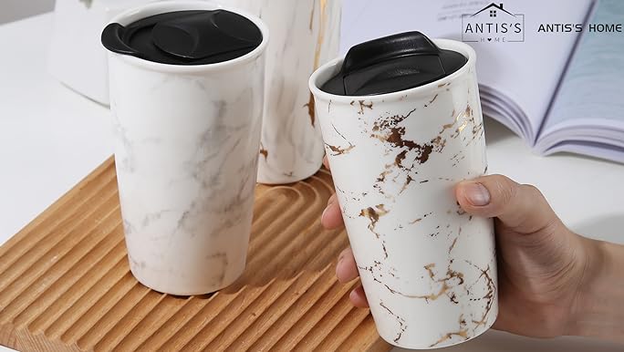Amazon.com: ANTIS'S HOME Ceramic Coffee Mug with Lid, Marble Gold Double  Wall Coffee Travel Mug Ceramic Tumbler 12 oz, Reusable Tall Cup, Splash  Resistant Lid, Dishwasher Microwaveable Safe : Home & Kitchen