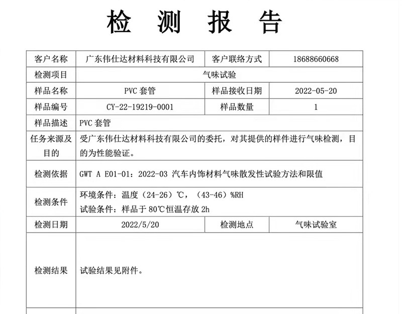 广东伟仕达材料科技有限公司：【PVC套管】通过长城汽车内饰气味散发性试验和限值要求！