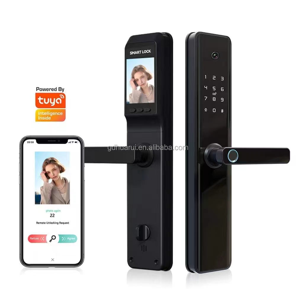 Tuya WiFi TTlock App Biometric Fingerprint Door Handle Digital Keyless Smart Dual Finger Print Gate Lock With Camera