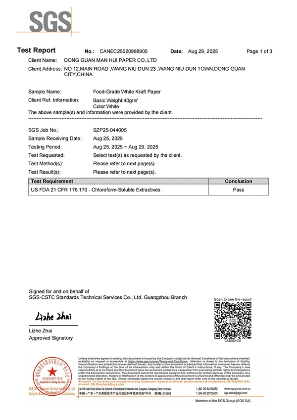 SGS Verified FDA Compliance - White Kraft Paper