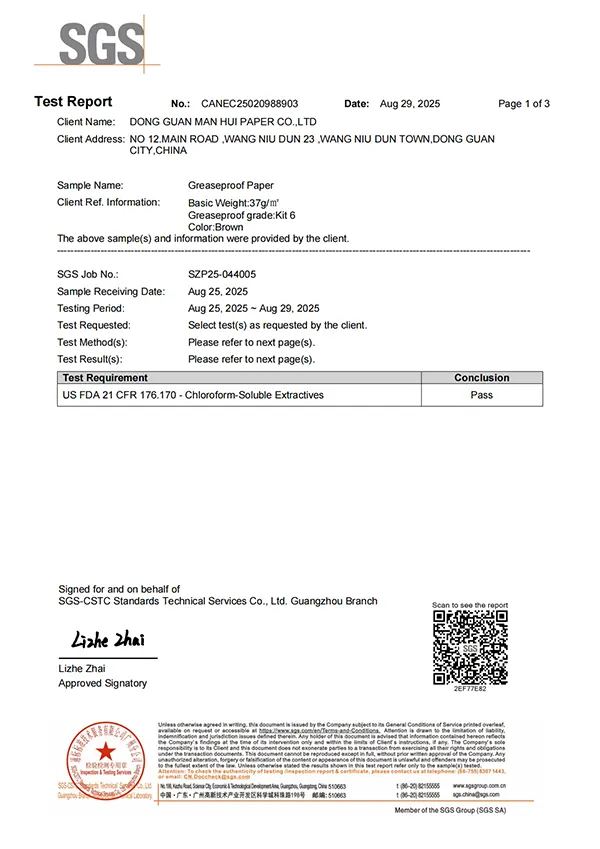 SGS Verified FDA Compliance - Brown Greaseproof Paper