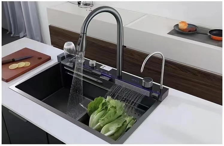 Fregadero de cocina de acero inoxidable Lavabo con pantalla digital y Con grifo de purificación de agua