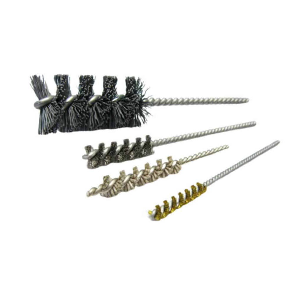 Miniature cross hole deburring brushes
