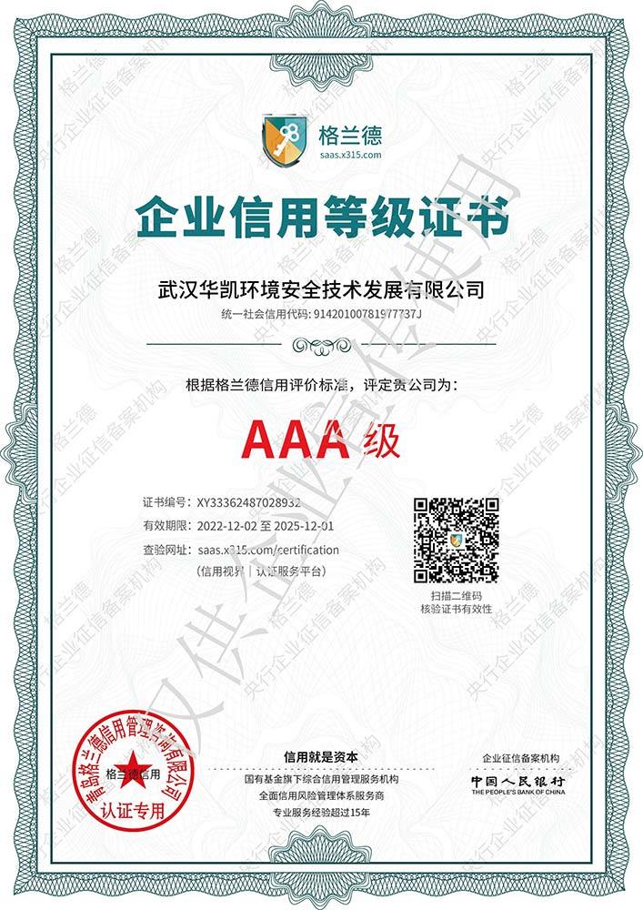 AAA级诚信企业认证证书