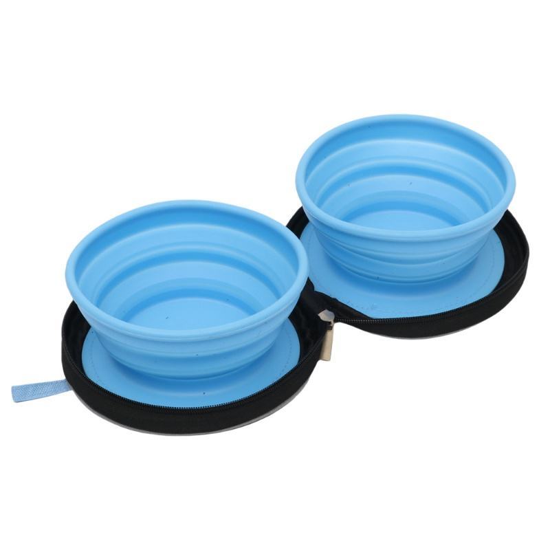 Silicone Double Dog Bowl with Convenient Carry Case for Food and Water Pet Bowls for Travel or Park