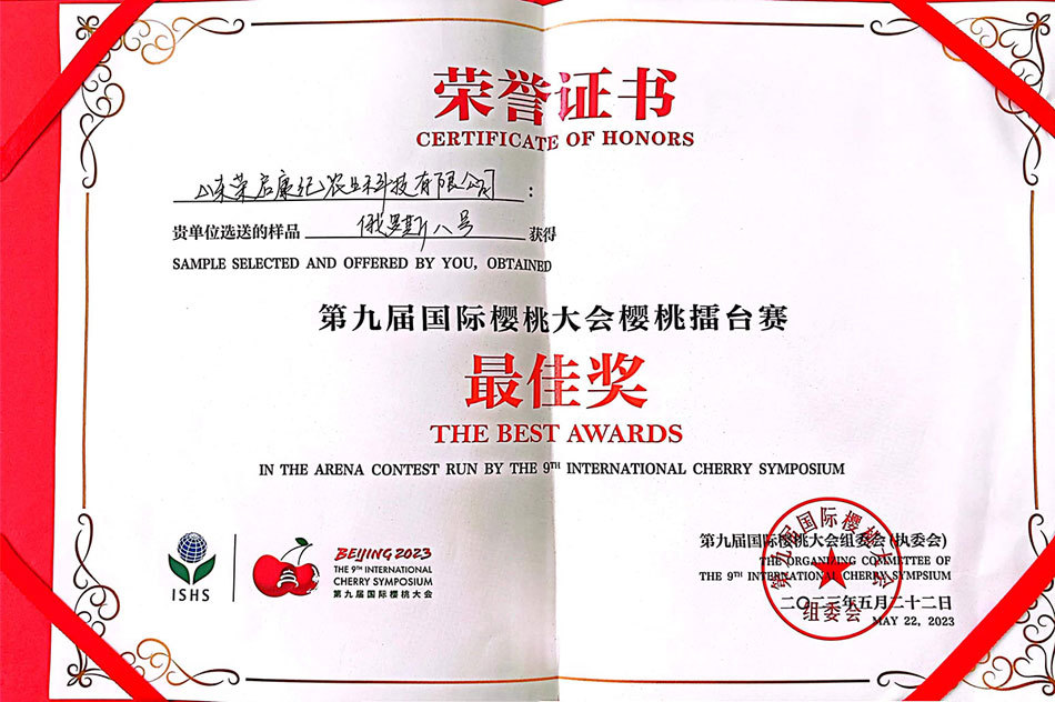 第九届国际樱桃大会樱桃擂台赛 最佳奖