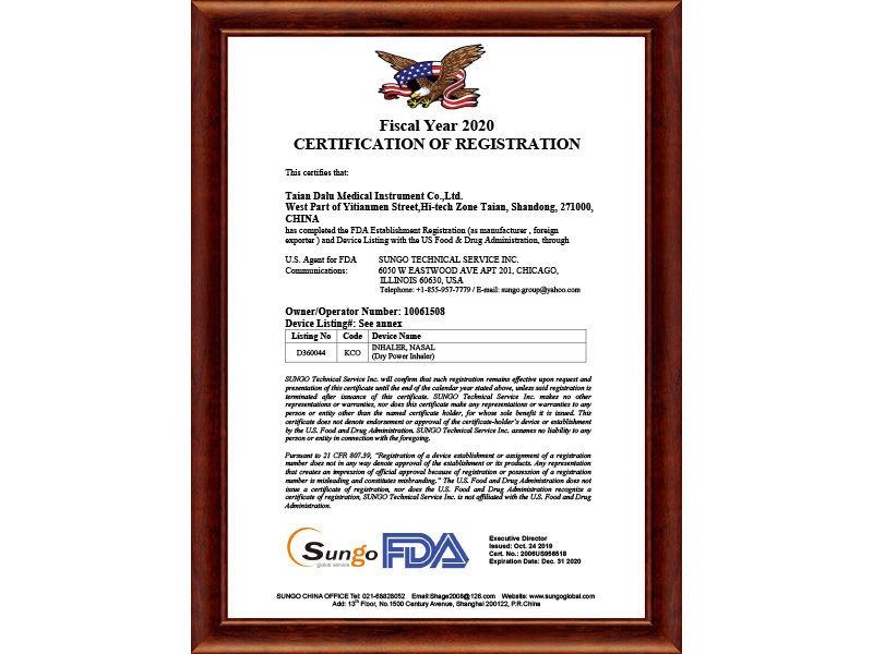 FDA CERTIFICATION OF REGISTRATION FDA CERTIFICATION OF REGISTRATION