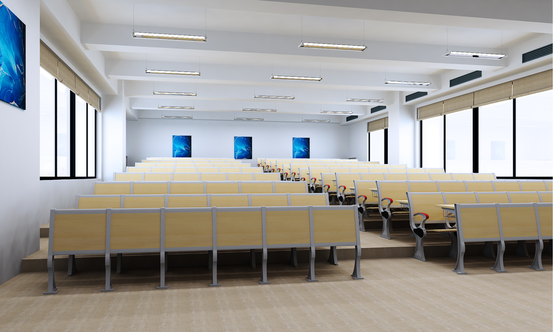 Fixed desks and chairs in a tiered classroom