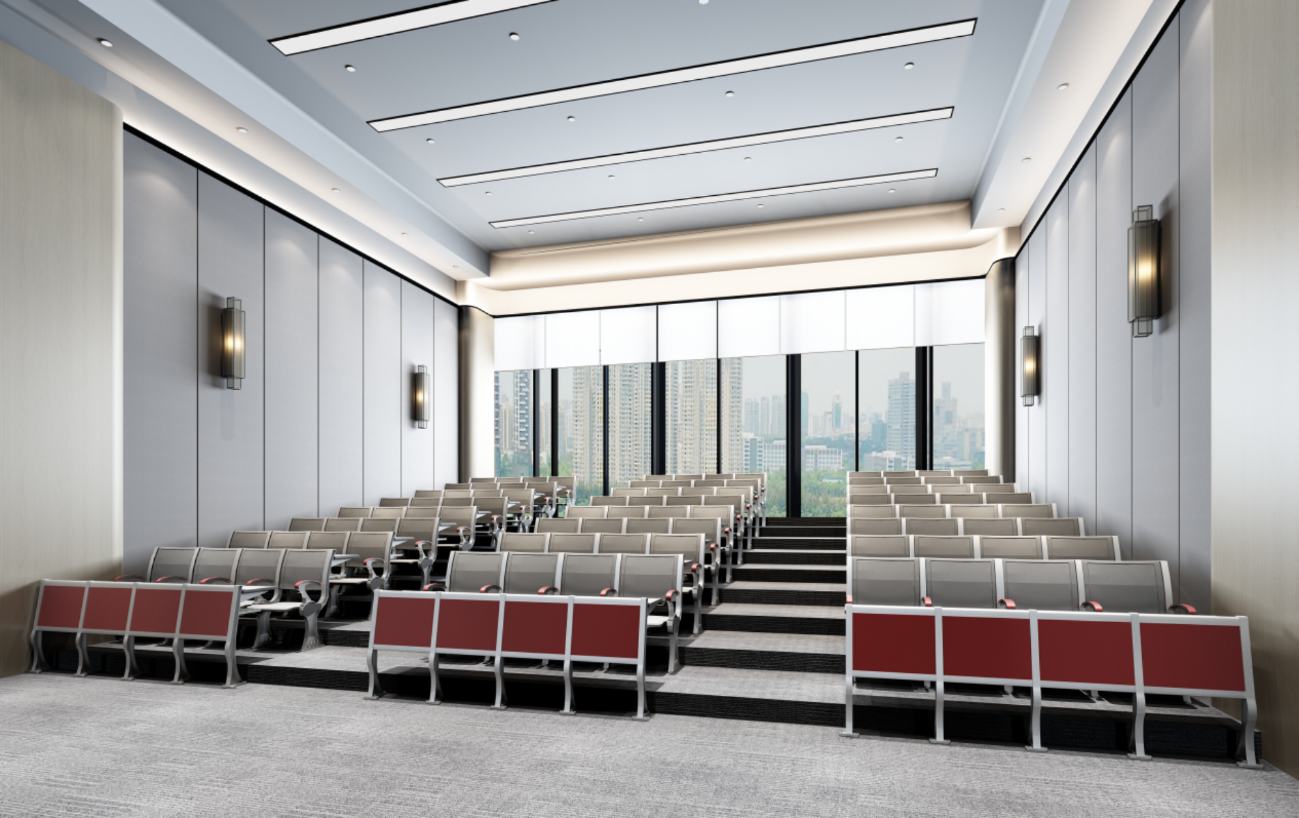 Fixed desks and chairs in a tiered classroom