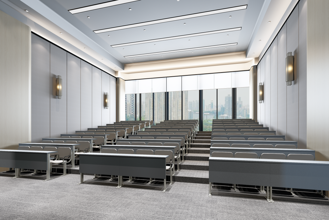 Fixed desks and chairs in a tiered classroom