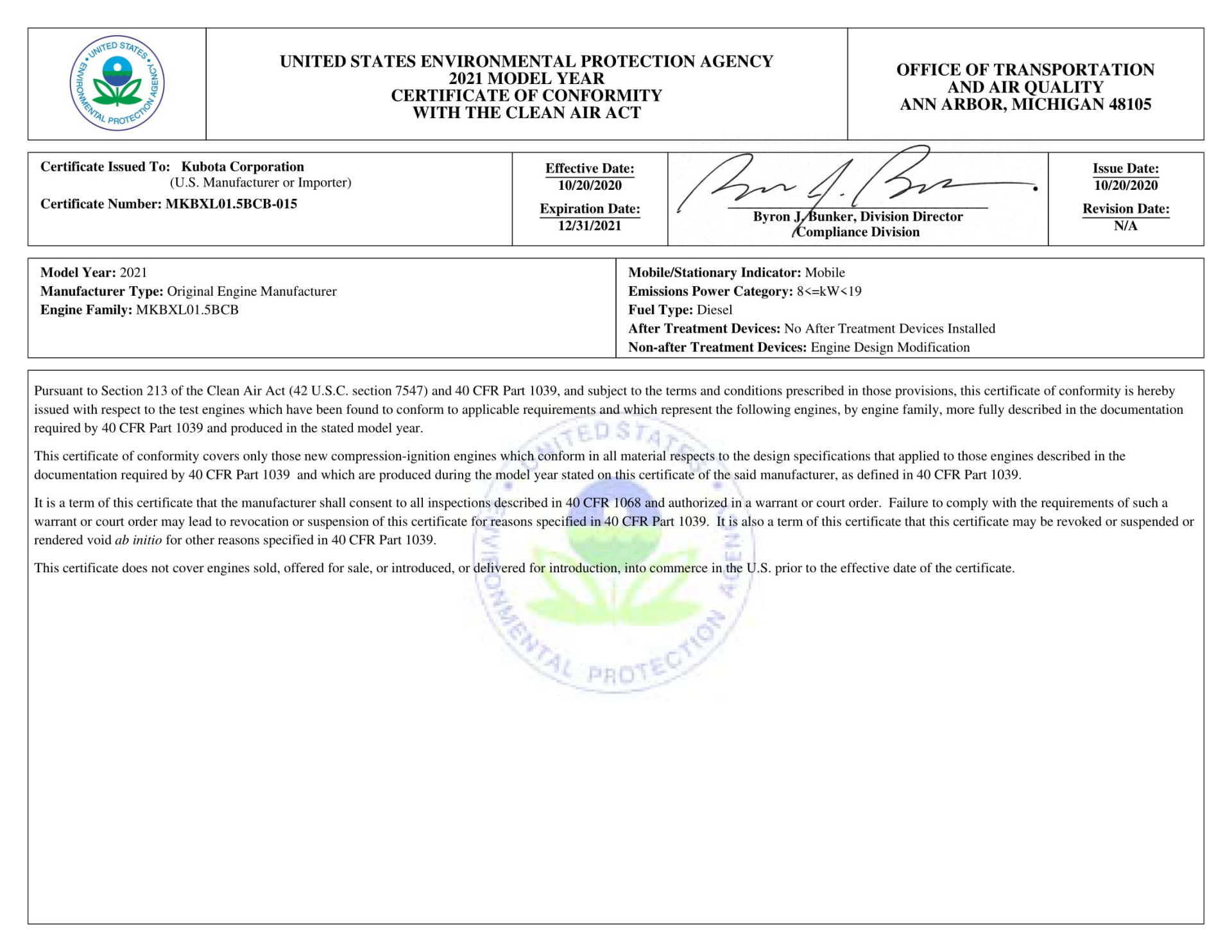 EPA certification EPA certification
