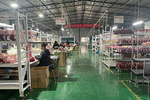  昆明永生玫瑰工厂内部，展示工人和生产过程中摆满花卉产品的货架 