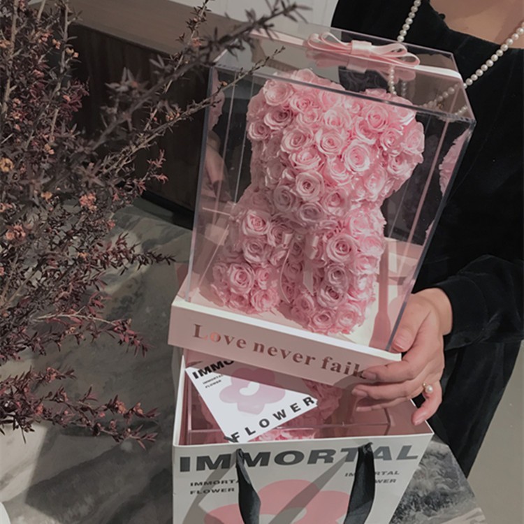Pink Preserved Rose Bear Gift Giving Scene