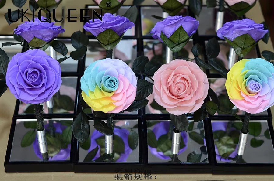 Factory real shot of producing colorful everlasting rose mirror acrylic box