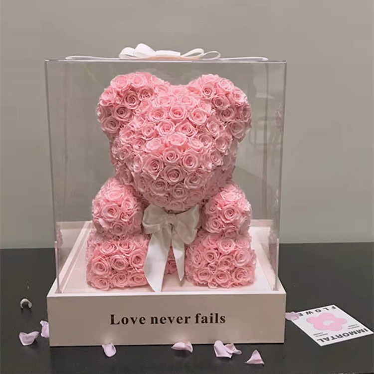 Pink preserved rose bear with ribbon and acrylic gift box