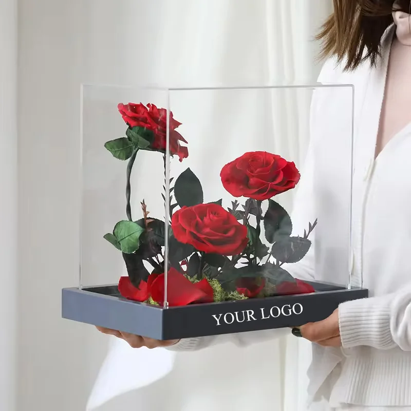 3 Preserved Roses in Acrylic Box | Custom Colors | Wholesale Gifts