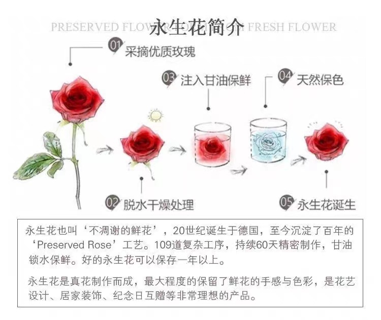 永生花制作工艺流程图，展示玫瑰保鲜过程