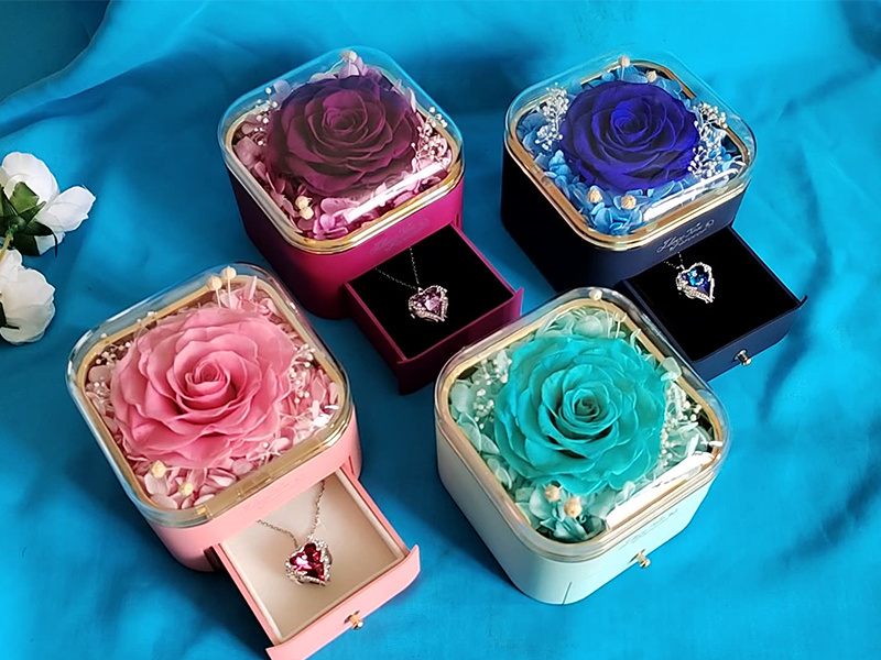 Velvet drawer preserved rose box with jewelry compartment