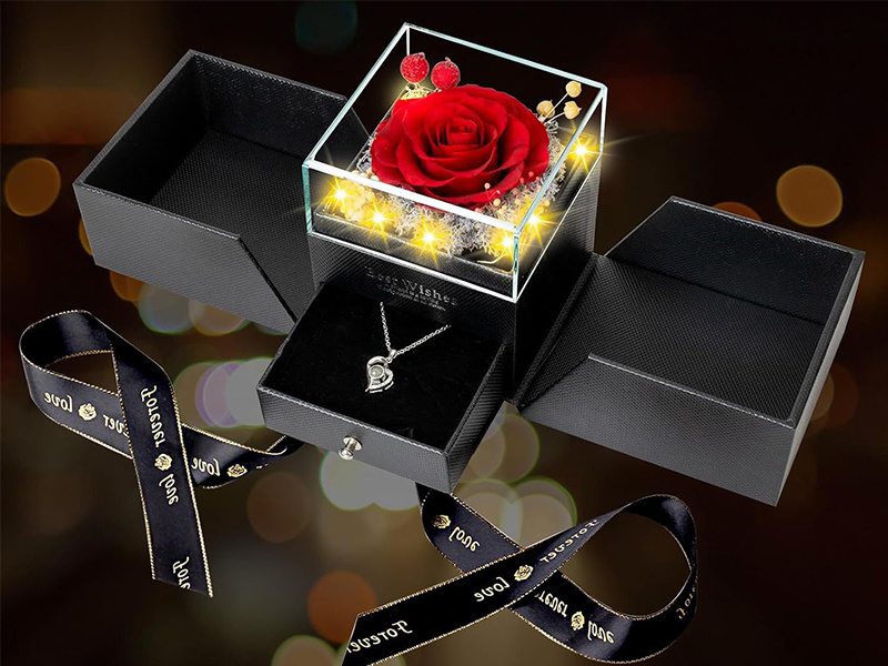 LED light gift box for preserved roses with jewelry drawer