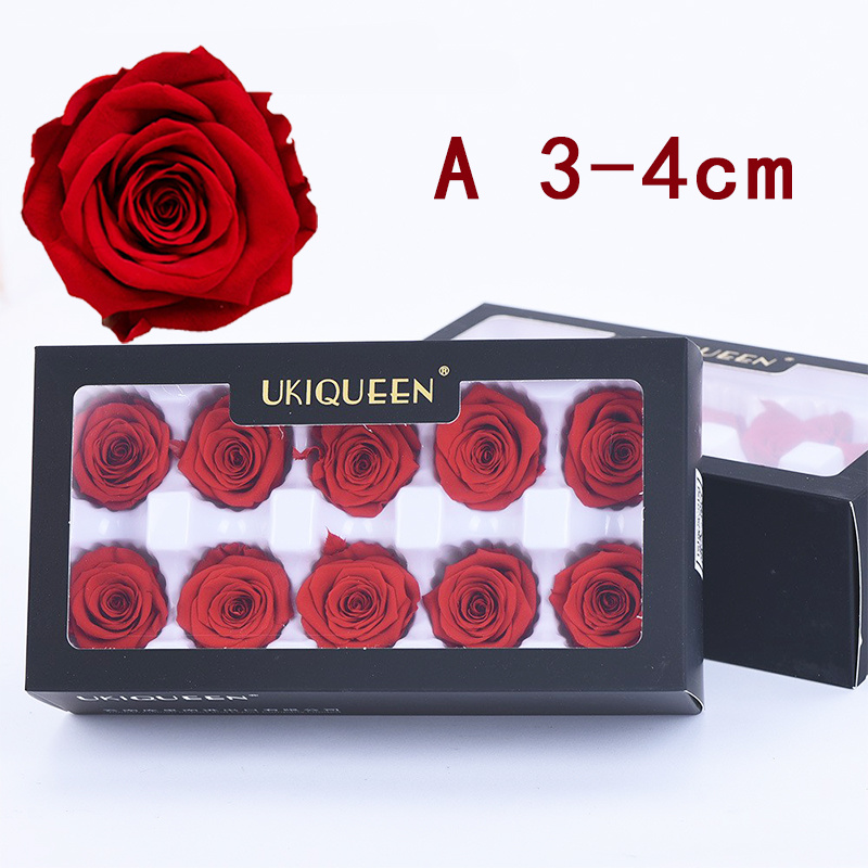 A-Grade preserved rose heads 3-4cm in black gift box, 10 pcs per box
