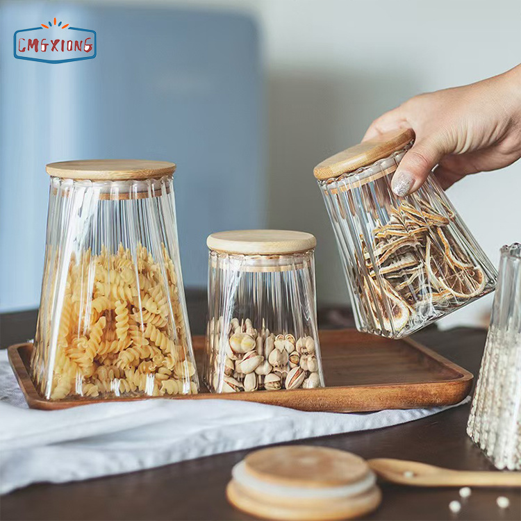 Glass jar with lid, high borosilicate glass container, kitchen glass storage canister with bamboo lid, spice jar
