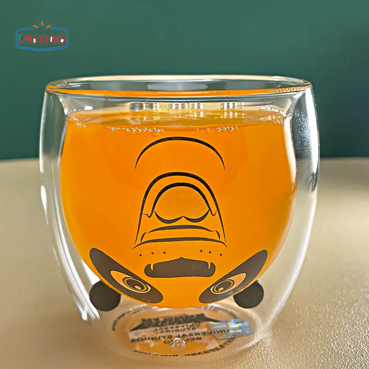 Wholesale Double Layer High Borosilicate Transparent Glass Mug Cartoon Design for Home Use for Milk and Beverages