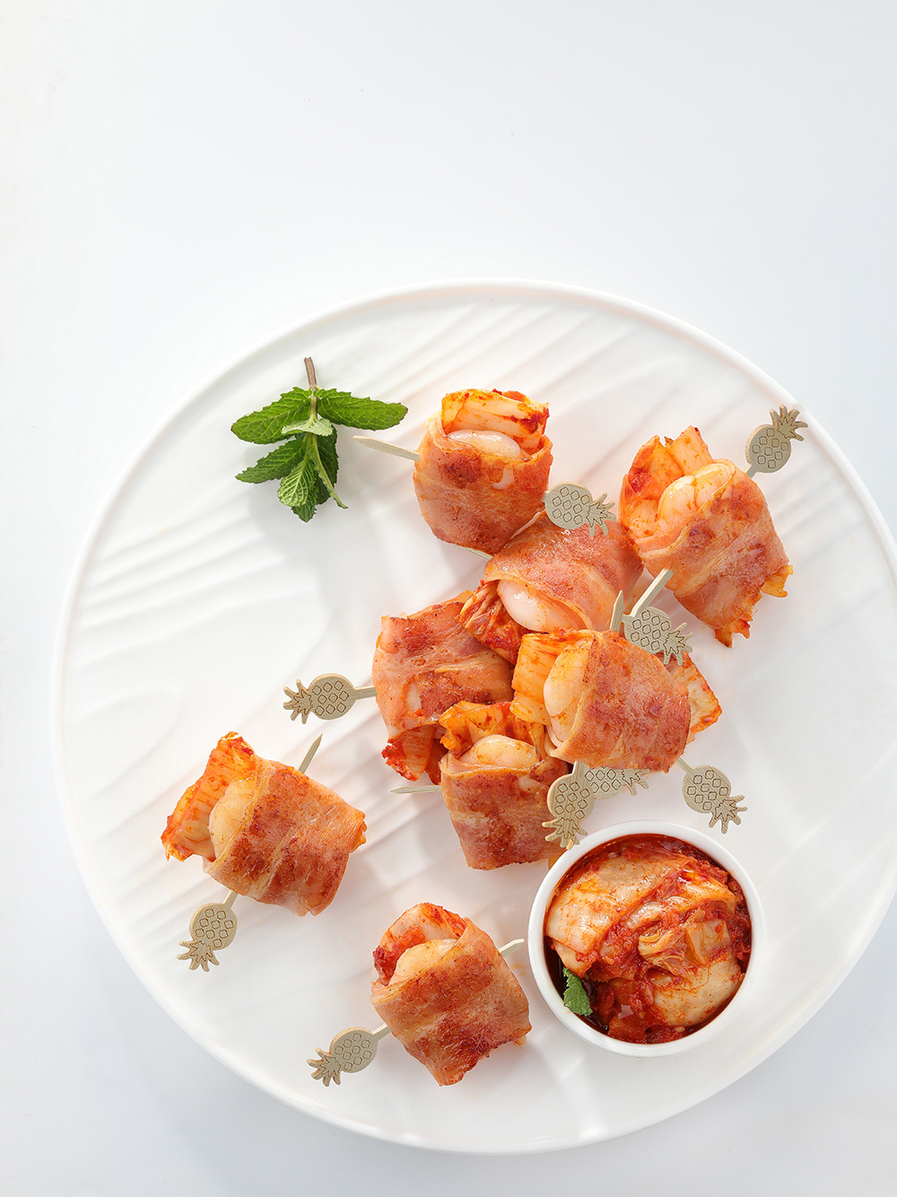Shrimp, kimchi, bacon roll