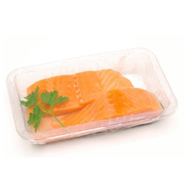 Salmon seafood tray stretch film packaging