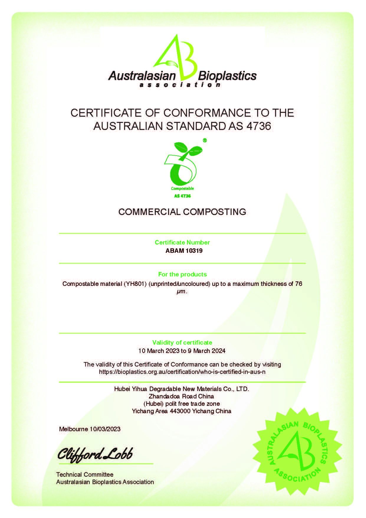 CERTIFICATE OF CONFORMANCE TO THEAUSTRALIAN STANDARD AS 4736 CERTIFICATE OF CONFORMANCE TO THEAUSTRALIAN STANDARD AS 4736