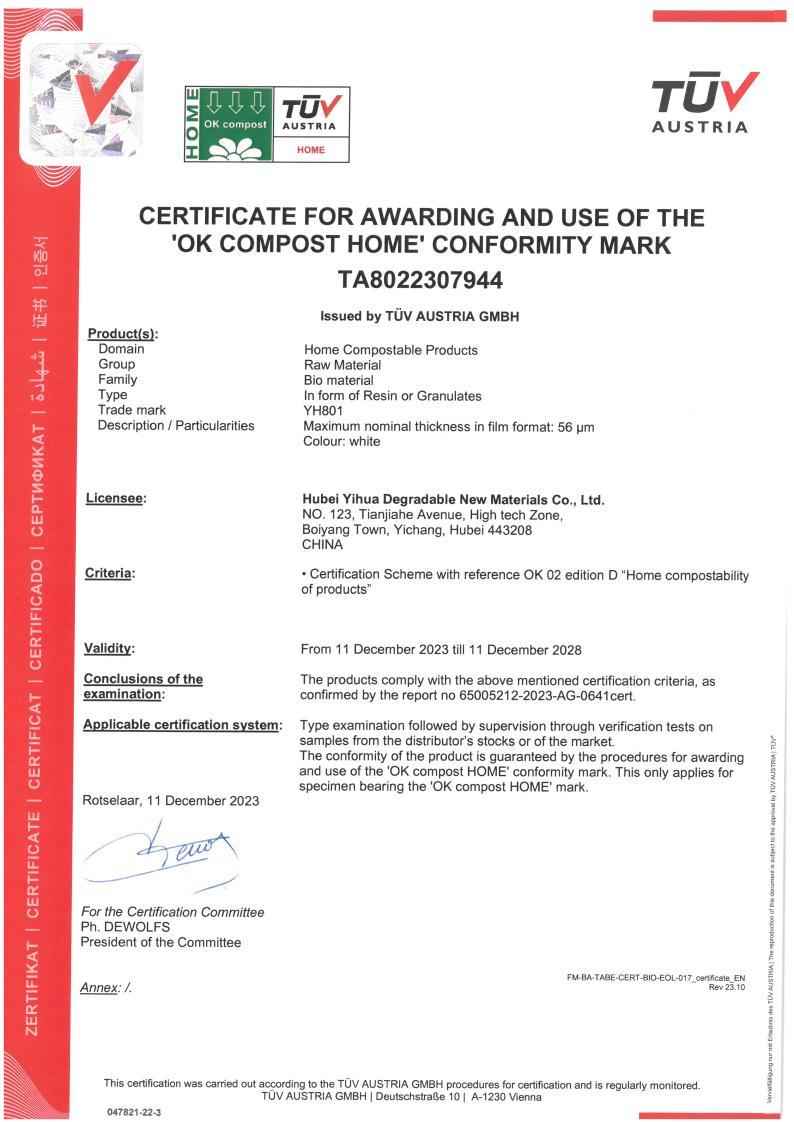 CERTIFICATE FOR AWARDING AND USE OF THE'OK COMPOST HOME' CONFORMITY MARK TA8022307944 CERTIFICATE FOR AWARDING AND USE OF THE'OK COMPOST HOME' CONFORMITY MARK TA8022307944