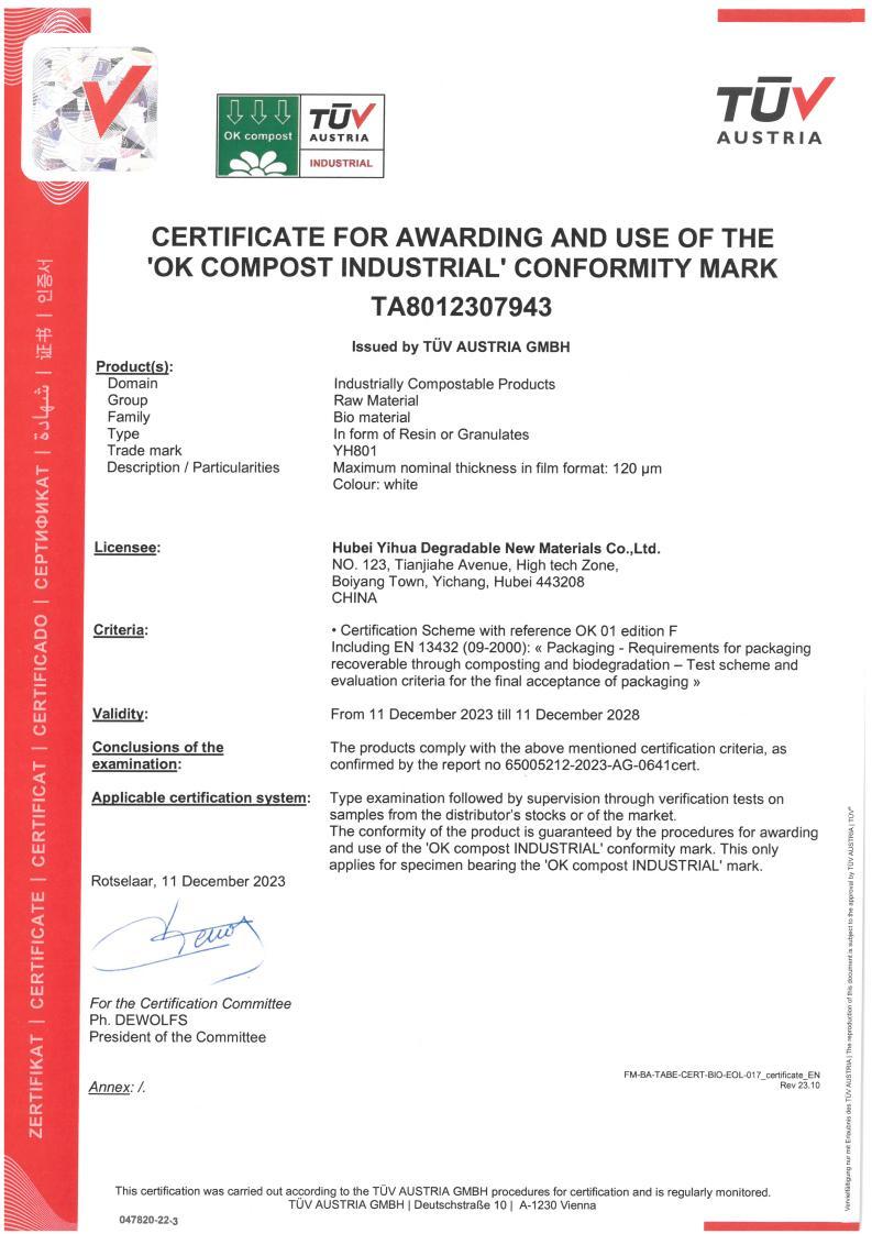 CERTIFICATE FOR AWARDING AND USE OF THEOK COMPOST INDUSTRIAL' CONFORMITY MARKTA8012307943 CERTIFICATE FOR AWARDING AND USE OF THEOK COMPOST INDUSTRIAL' CONFORMITY MARKTA8012307943