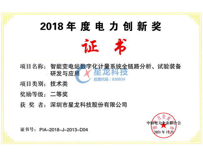 2018年度电力创新奖—中国电力企业联合会2018年11月
