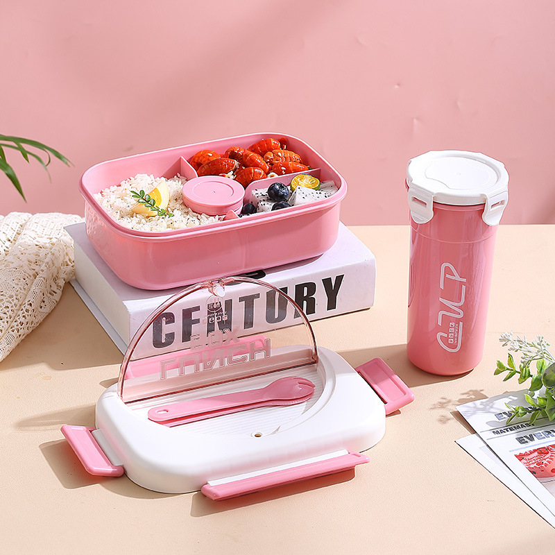 New Dual-Tier Kids Student Plastic Lunch Box Water Bottle Set Portable Microwaveable Heated Bento Salad Storage Thermal School