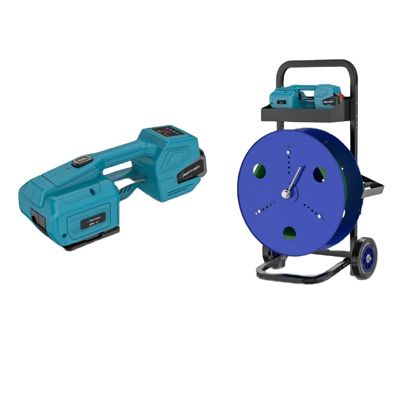 Electric strapping machine with trolley reel