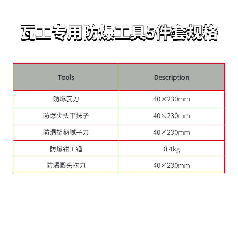 瓦工專用防爆工具5件套SKG-5規(guī)格