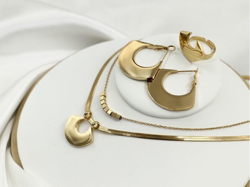 Geometry Double Layered Snake Chain Necklace Earrings Ring Set