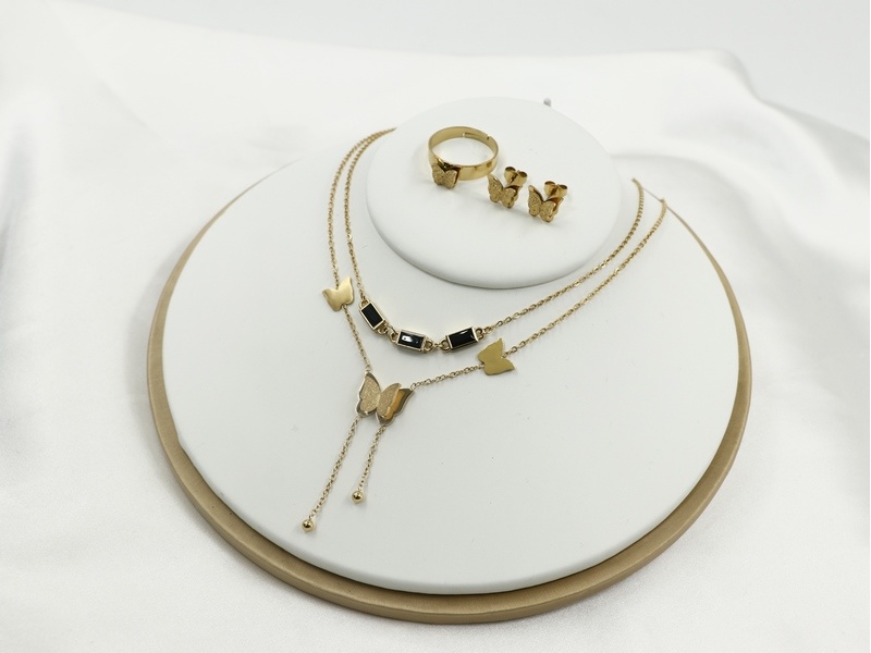 Butterfly earring double necklace ring set