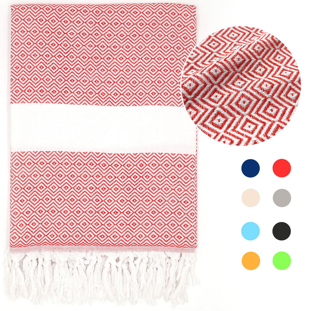 Diamond Checkered Cotton Jacquard Beach Towel with Customized Turkish Fringe Design Popular Customized Beach Towel