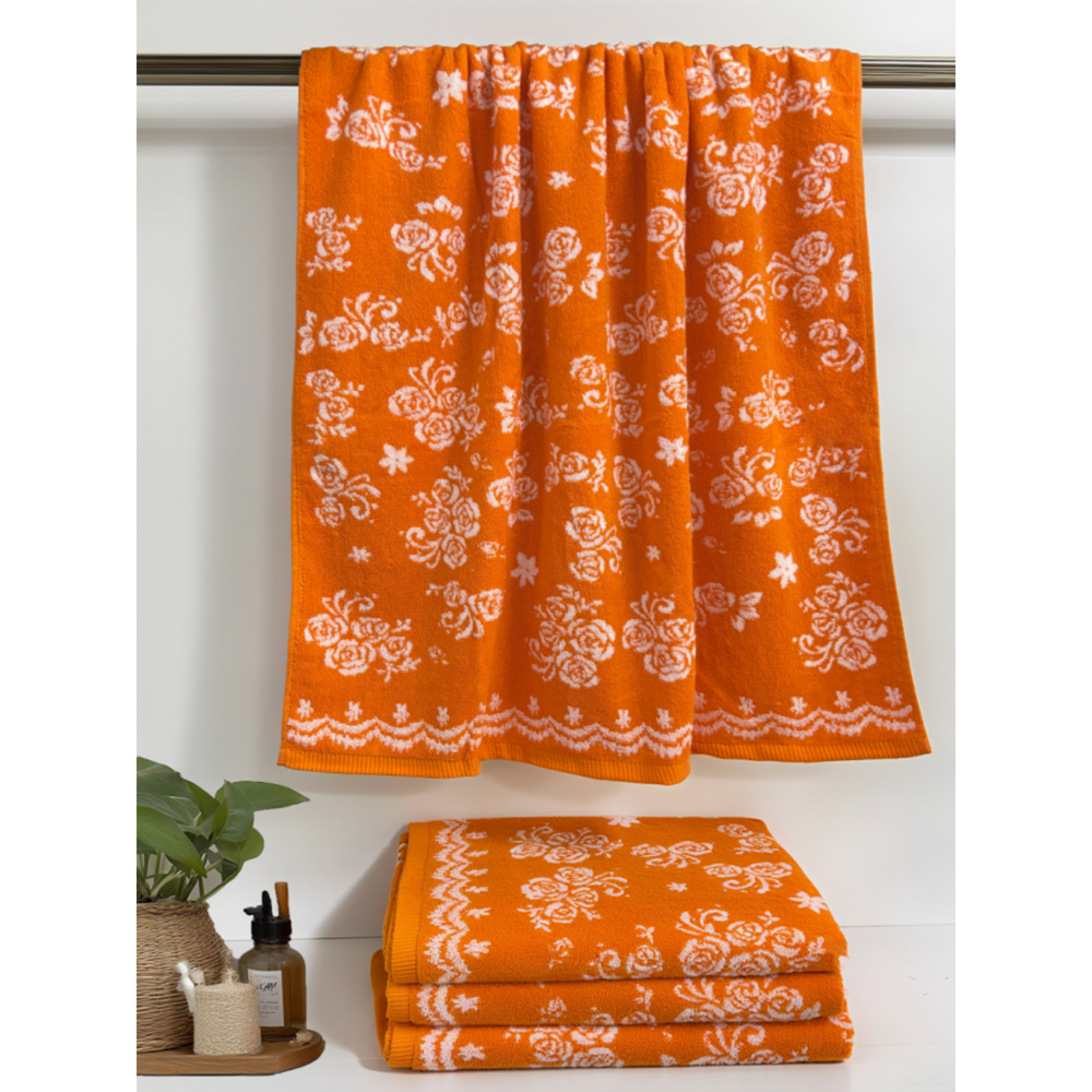 100% Soft Cotton Orange Flower Jacquard Bath Towel