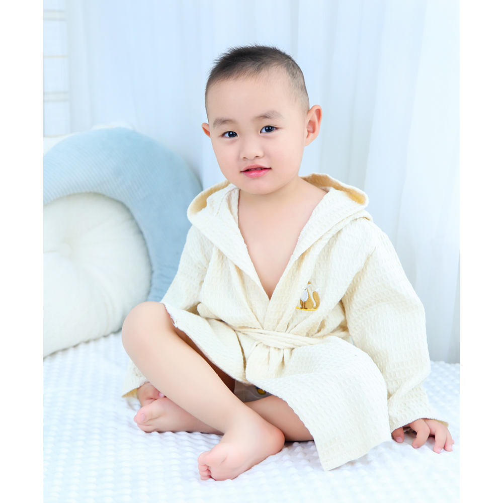 Kids 100% cotton Hooded Bathrobe Waffle lightweight Sleepwear for Kids 3-10 Years Boys and Girls