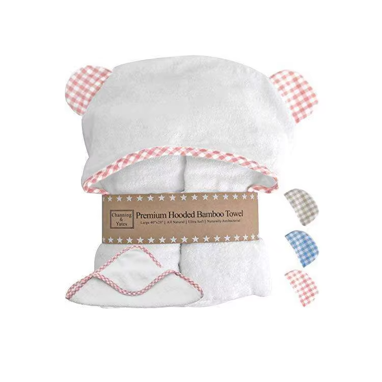 MU Super September 100% 2-3 Pink Organic Bamboo Baby Hooded Towels with Animal Ears/bamboo Washcloths Set for Kids